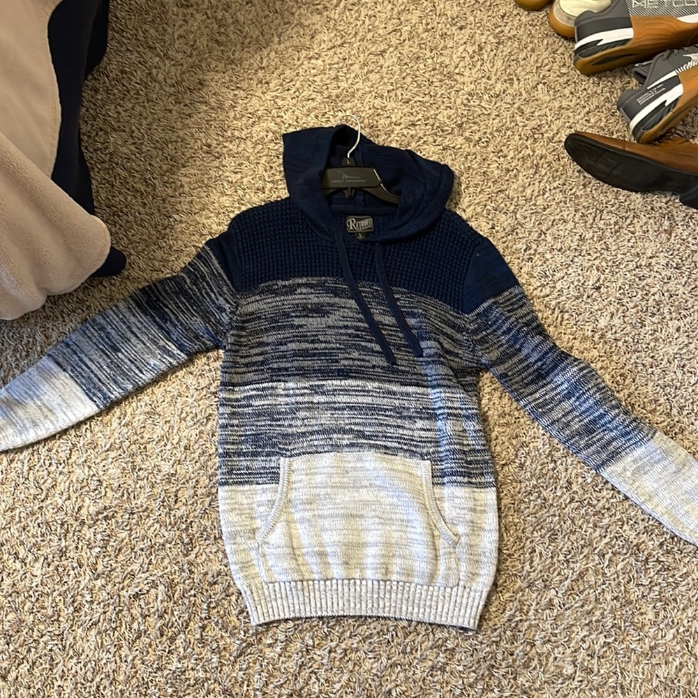 y2k Retrofit Men's Black Grey Colorblocked Knit Hooded Sweatshirt Large